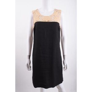 Ann Taylor Loft Womens Shift Dress Crochet Tan Black Sz 8P 8 Petite Linen Lined